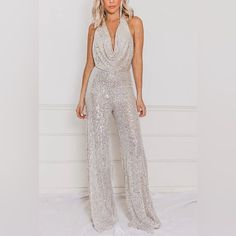 Sequin Halter Jumpsuit Xs Nwt Perfect For New Years 2025!!! Eagles Outfit, Crystal Jumpsuit, White Halter Jumpsuit, Flare Lounge Pants, Glitter Jumpsuit, Printed Flare Pants, Denim And Diamonds, Sequin Halter, Wedding Jumpsuit