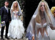 two pictures of people dressed up in wedding attire and one is wearing a bridal gown