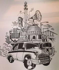 a drawing of an old car in front of a building with a radio on top