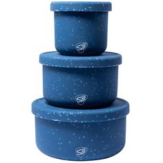 three blue bowls stacked on top of each other with white speckles in them