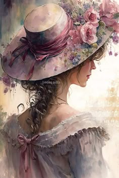 a painting of a woman wearing a pink hat with flowers on it's brim