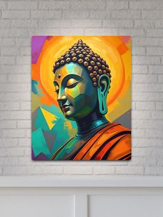 a painting on the wall of a room with a buddha statue in front of it