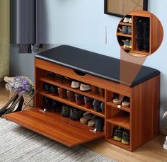 a shoe rack with many pairs of shoes on it