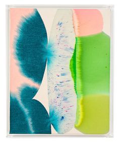 an abstract painting with blue, green, pink and white colors on it's surface