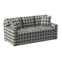 a blue and white checkered couch on a white background