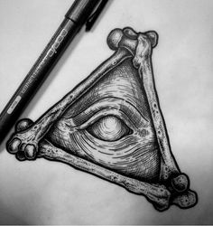 a pencil drawing of an all seeing eye in the shape of a triangle with two bones