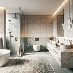 There should be a glass-walled shower with a rainfall showerhead and a luxurious, freestanding bathtub in one corner. The walls should be adorned with tasteful, neutral-colored tiles, complimenting the modern aesthetic. A wall-mounted mirror should sit above the sink, flanked by minimalist pendant lights. An intricate patterned rug on the tile floor can provide a pop of color and visually interesting detail to complete the picture.