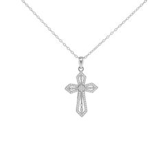 Add a touch of sparkle to your jewelry box with this cubic zirconia-embellished sterling silver cross pendant necklace. Click on this JEWELRY & WATCHES GUIDE to learn about fit, styles, materials and more! FEATURES Pendant dimensions: 23 mm x 17mm Chain length: 18 in. Chain type: cable Clasp: spring-ring Nickel free Metal: sterling silver Plating: 18k gold Finish: polished Packaging: boxedSTONE DETAILS Stone type: cubic zirconia Total weight: 1/5 ct. Shape: round Setting: pave Gemstones may have Silver Diamond Necklace, Sterling Silver Cross Pendant, Silver Cross Pendant, Sterling Silver Cross, Cross Pendant Necklace, Silver Cross, Silver Diamonds, Spring Rings, Cross Pendant