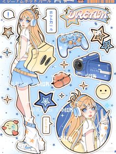 an anime character with various stickers on her body and headphones, in front of a