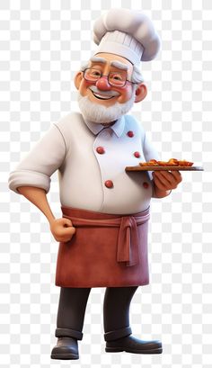 an old man holding a plate of food in his hand, cartoon character png