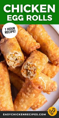 chicken egg rolls on a plate with text overlay