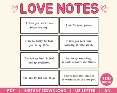 the love notes printable for valentine's day is shown in pink and white