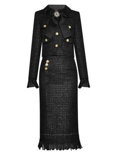 MORENNE Tweed Jacket & Skirt Set – ZCRAVE Tweed Long Dress, Black Tweed Suit, Tweed Jacket And Skirt, Tweed Suit, Royal Outfits, Elegant Styles, Black Tweed, Tweed Suits, Wool Blend Jacket