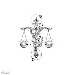 a black and white drawing of a balance scale with flowers on it's side