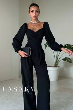 Lasaky - Elegant Long-Sleeved High-Waisted Jumpsuit with a Sophisticated Design Jumpsuit Wedding Guest, Jumpsuit With Long Sleeves, Sleeve Stencil, Stylish Jumpsuit, Office Casual Outfit, Wedding Jumpsuit, Wearing All Black, Jumpsuit Elegant, Guest Attire