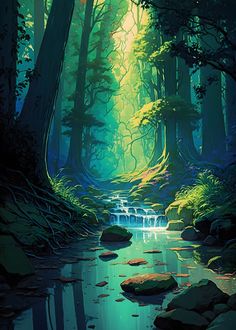 a painting of a stream in the middle of a forest