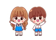 two cartoon girls with long hair standing next to each other, one pointing at something