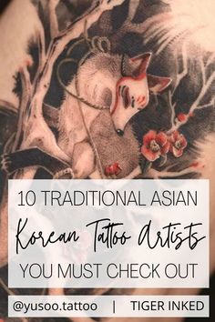 On this pin, there is a traditional Asian tattoo of a kitsune (nine tailed fox) by Yusoo tattoo on Instagram. Here are 10 traditional Asian Korean tattoo artists you must see. Learn more at Tiger Inked. Traditional Tattoo Filler, Korea Tattoo, Traditional Tattoo Drawings