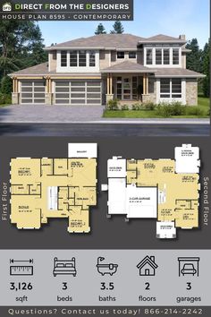 the floor plan for a house with three car garages and an attached living area