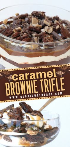 caramel brownie trifle in a glass bowl