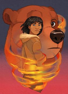 a woman standing next to a large bear on top of a pink background with flames