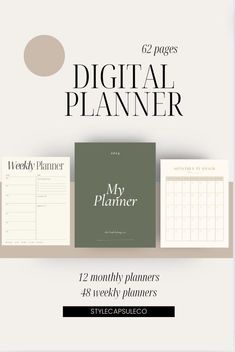 the digital planner is displayed on top of a shelf with text overlaying it