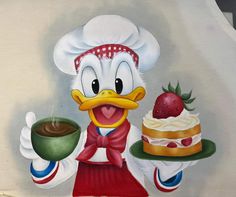 a painting of donald the duck holding a plate of cake and a cup of coffee