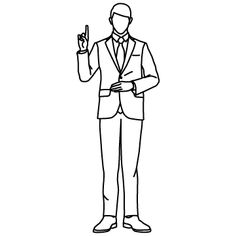 a man in a suit and tie pointing to the side with his finger up, outline drawing