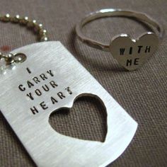 i carry your heart with me necklace and keychain set, hand stamped stainless steel