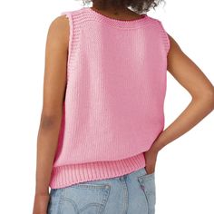 Pink V Neck Knit Sleeveless Sweater Trendy Sleeveless Spring Sweater, Spring Cotton Sleeveless Sweater, Sleeveless Knitted Cotton Sweater, Sleeveless Knitted Sweater For Spring, Trendy Knitted Sleeveless Vest, Cotton Tank Sweater Vest For Fall, Casual Knit Sleeveless Sweater Vest, Casual Knit Sweater Vest Sleeveless, Casual Knitted Tank Sweater Vest