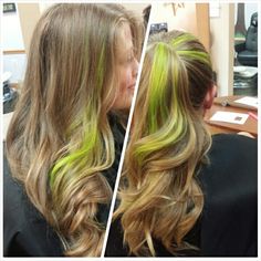 Green Hair Blonde Streak, Green Highlights Blonde Hair, Dark Blonde And Green Hair, Green Hair Streaks Blonde, Green Strands Hair, Blonde Hair With Green Highlights, Blonde Hair Green Tips, Brown And Lime Green Hair, Hair Streaks Blonde