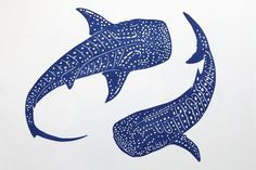 two dolphins are depicted in blue ink on a white paper with an intricate pattern,