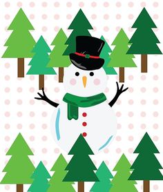 a snowman wearing a top hat and scarf in front of some trees with polka dots