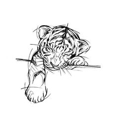 a black and white drawing of a tiger resting on a branch with its eyes closed