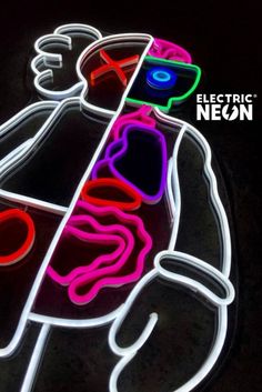 a neon sign with an image of a man in the shape of a guitar pickle