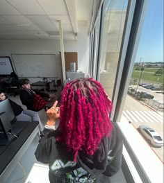 Fuschia Locs, Pink Tips Locs, Pink Roots Black Hair Locs, Hot Pink Locs Black Women, Half Dyed Locs, Purple And Red Locs Black Women, Colored Locks, Pink And Red Dreads