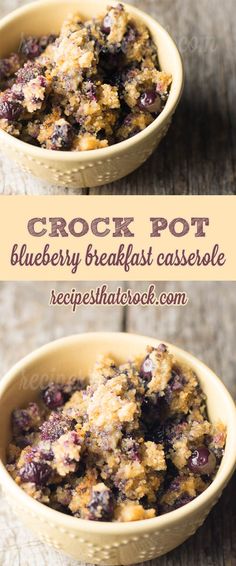 crock pot blueberry breakfast casserole in a white bowl on a wooden table