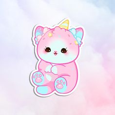 a pink and blue sticker with a cat on it's head sitting in the clouds