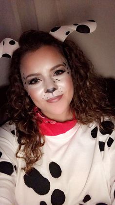 Dalmatian costume makeup for Halloween! Dalmatian Costume Makeup, Dalmation Makeup, Dalmatian Makeup, 101 Dalmations Costume, 101 Dalmatians Costume, Dalmation Costume, Dalmatian Halloween, Dog Makeup, Dalmatian Costume