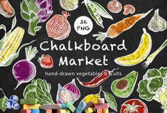 chalkboard market hand - drawn vegetables and fruits on blackboard with colorful crayons