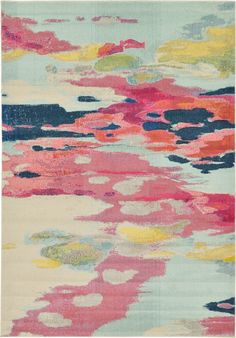 an abstract rug with pink, yellow and blue colors on the bottom half of it