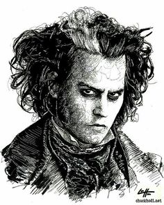 a black and white drawing of a man with curly hair