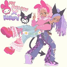 Kuromi Fanart, Hello Kitty Painting, They Were Roommates, My Melody And Kuromi, Arte Nerd, Melody And Kuromi, Kawaii Hello Kitty, Kitty Drawing, Hello Kitty Drawing