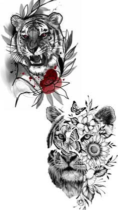 two tiger heads with flowers and leaves on the back of their head, one is black and white