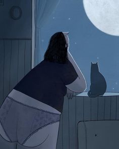 a woman is looking out the window at a cat sitting on top of a bed