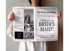 a woman is holding up a newspaper with photos on it and the words what do brides maid?