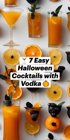 halloween cocktails with vodka and orange slices arranged on a white background that says 7 easy halloween cocktails with vodka