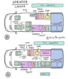 the floor plan for an rv that is parked in front of another car and has two seats