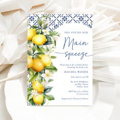 a lemon themed bridal party with white paper and blue trimmings on the edges