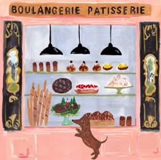 a painting of a dog standing in front of a bakery window looking at pastries